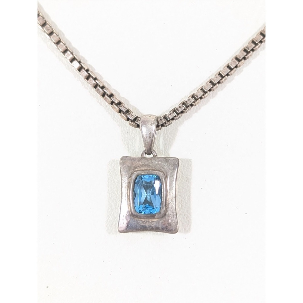 Sterling Silver 925 Blue Aqua Stone Solitaire Necklace Birthstone Patina 18 inch